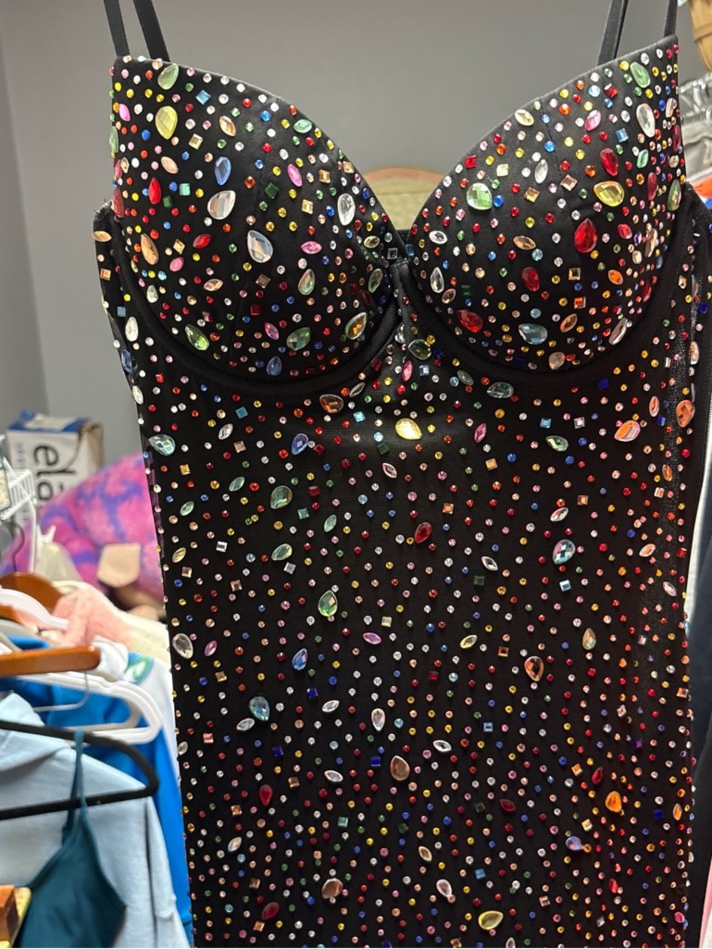 Windsor Black Rhinestone Bustier Mini Dress with Multicolored Gems